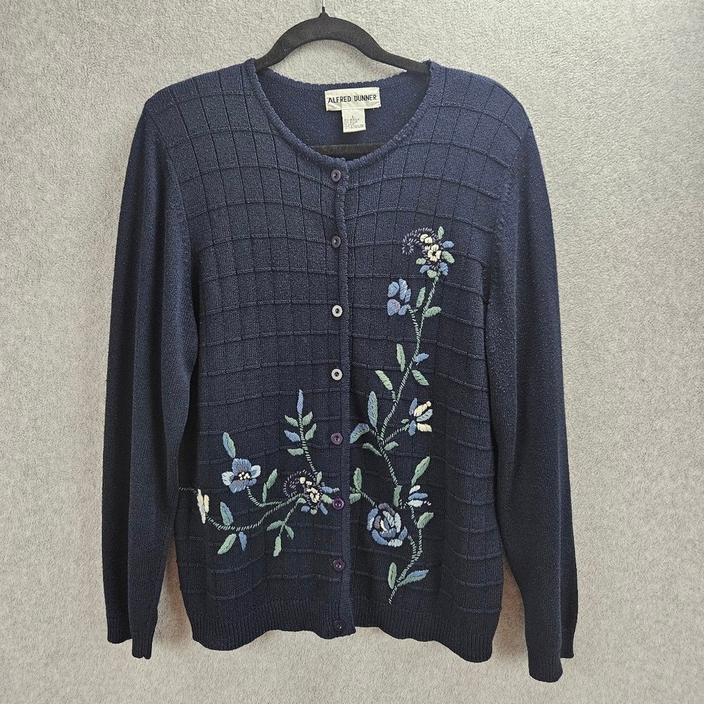 ALFRED DUNNER Cardigan Women L Navy Blue Floral Embroidered Grid Knit Sweater